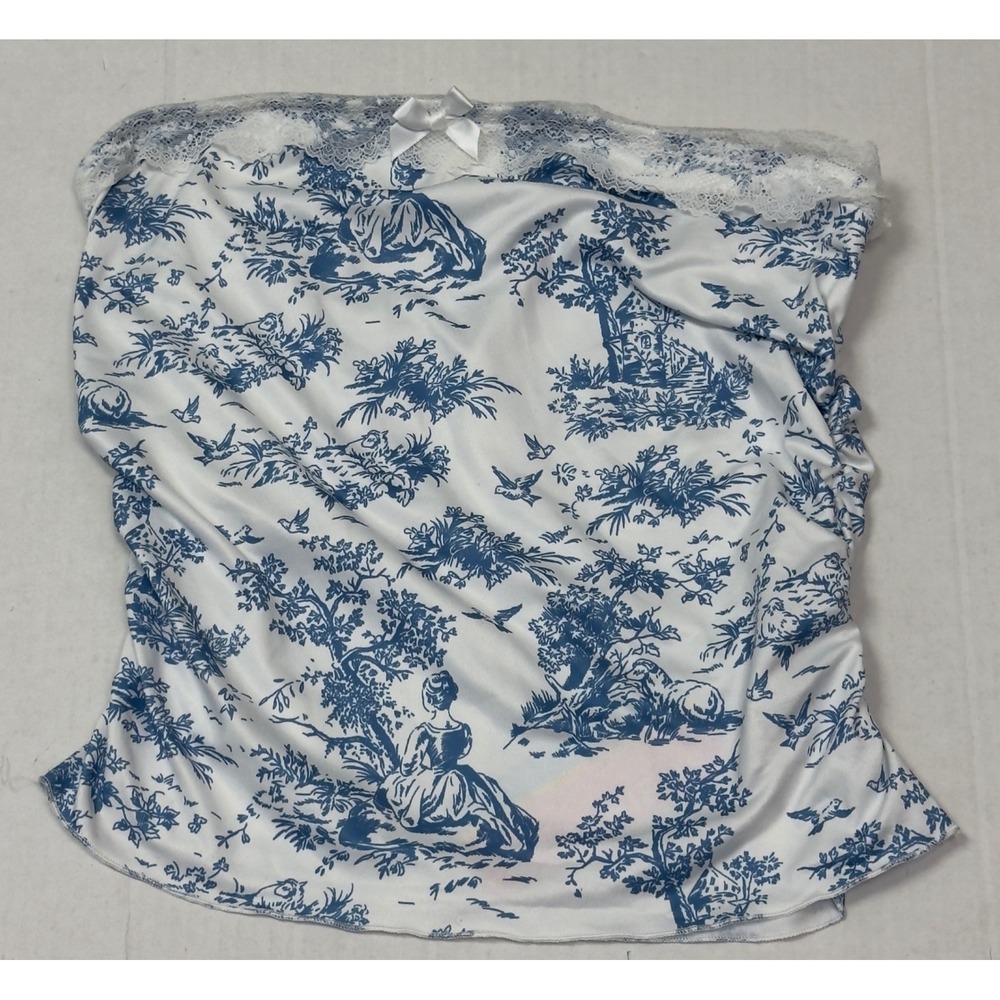 Women's Toile Print Tube Top Size 6 Blue White New Ruched Lace Trim Bandeau Chic